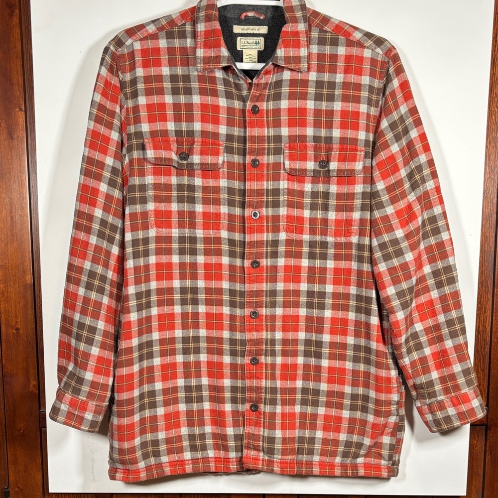 L.L. Bean Fleece-Lined Flannel Shirt Shacket Red & Brown Plaid Men’s Large Tall